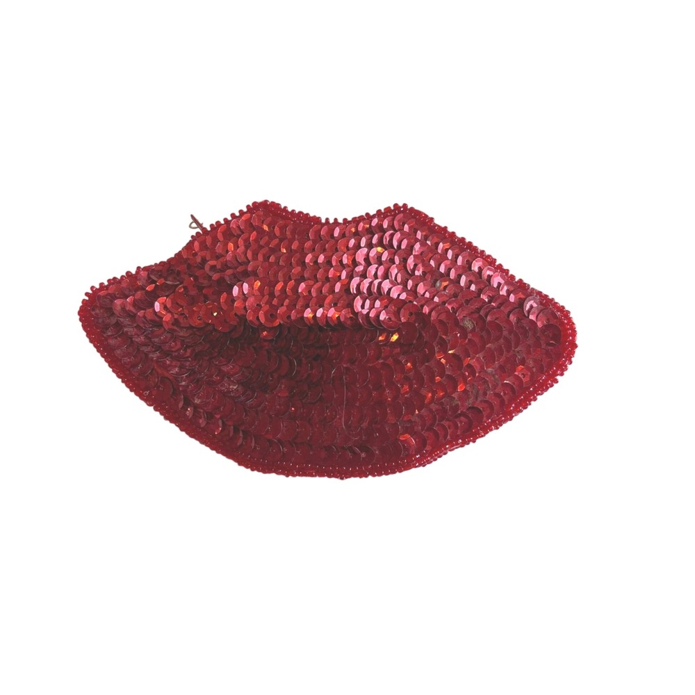 Two's Company Red Sequin Lips Coin Purse Novelty Zipper Pouch Red Beaded Trim
